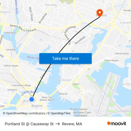 Portland St @ Causeway St to Revere, MA map