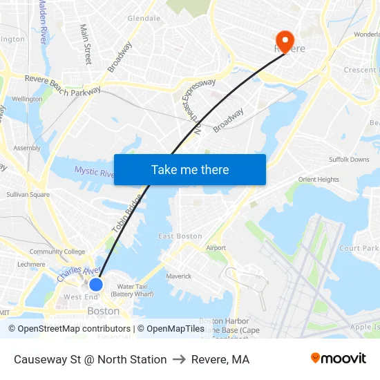 Causeway St @ North Station to Revere, MA map