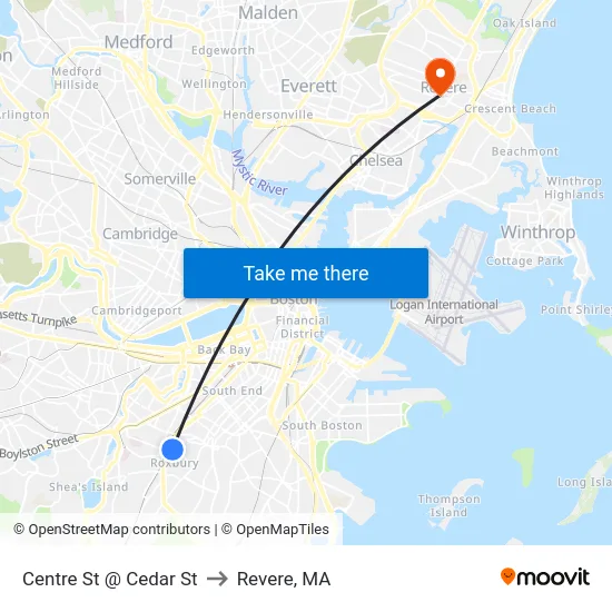 Centre St @ Cedar St to Revere, MA map