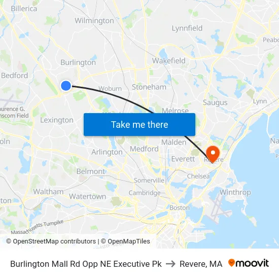 Burlington Mall Rd Opp NE Executive Pk to Revere, MA map