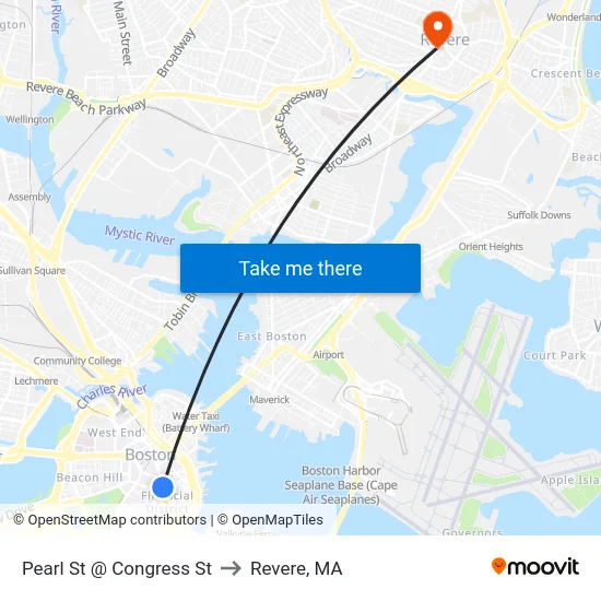 Pearl St @ Congress St to Revere, MA map