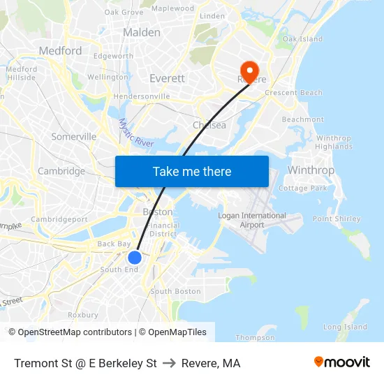 Tremont St @ E Berkeley St to Revere, MA map