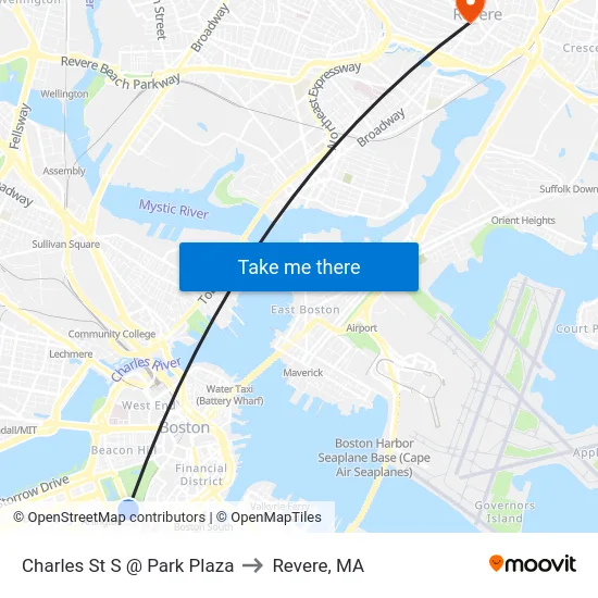 Charles St S @ Park Plaza to Revere, MA map