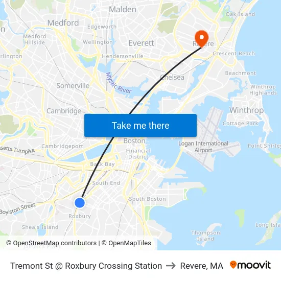Tremont St @ Roxbury Crossing Station to Revere, MA map