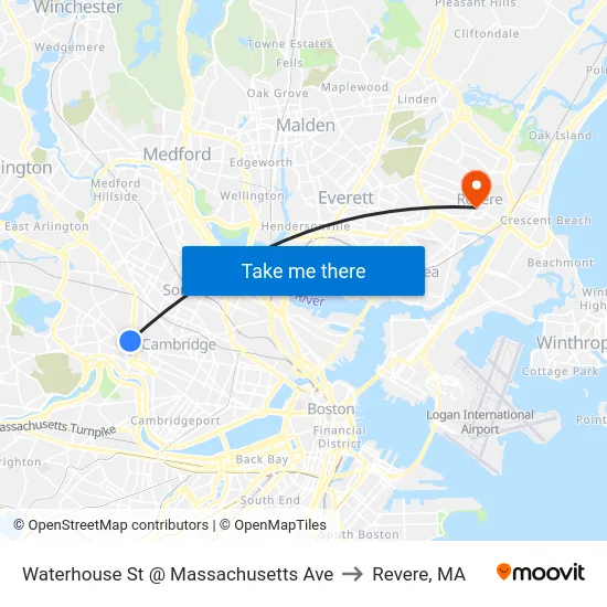 Waterhouse St @ Massachusetts Ave to Revere, MA map