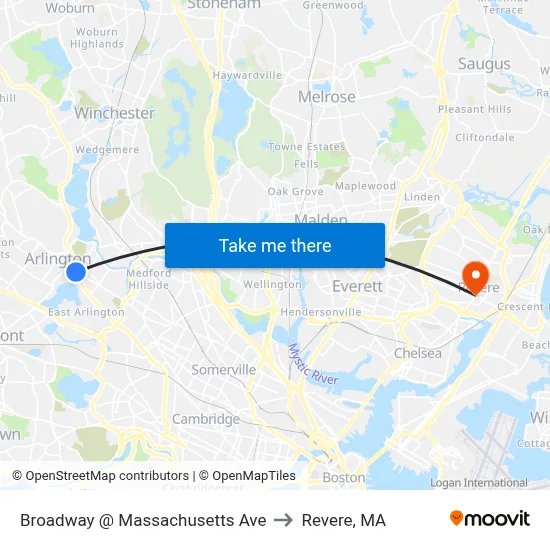 Broadway @ Massachusetts Ave to Revere, MA map