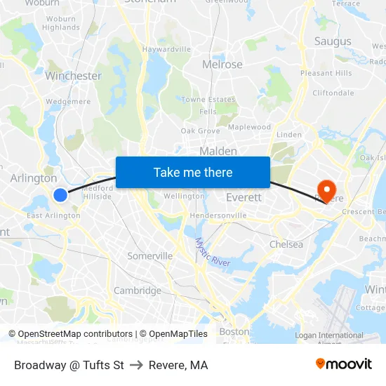 Broadway @ Tufts St to Revere, MA map