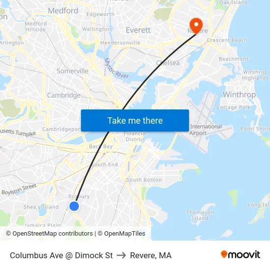 Columbus Ave @ Dimock St to Revere, MA map