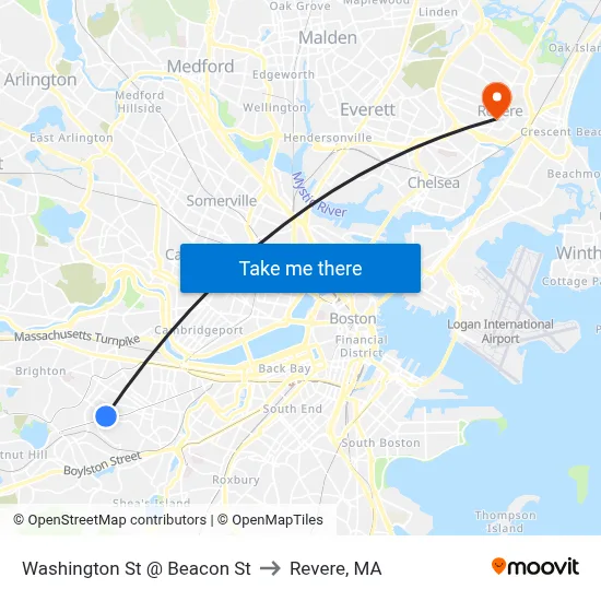 Washington St @ Beacon St to Revere, MA map