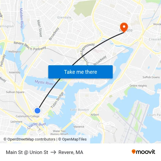 Main St @ Union St to Revere, MA map