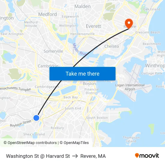 Washington St @ Harvard St to Revere, MA map