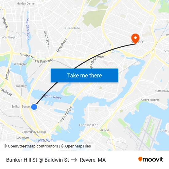 Bunker Hill St @ Baldwin St to Revere, MA map