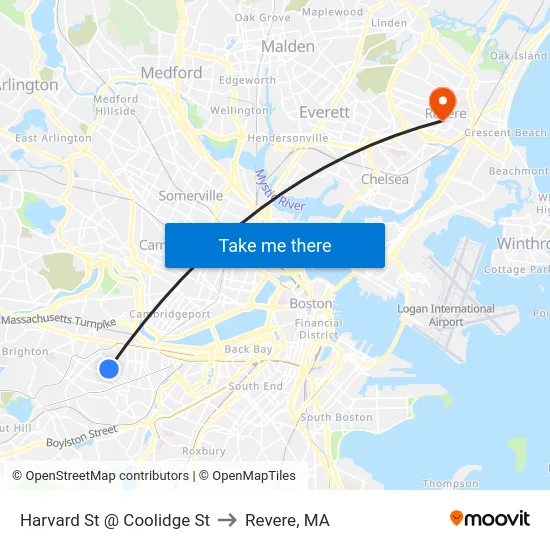 Harvard St @ Coolidge St to Revere, MA map