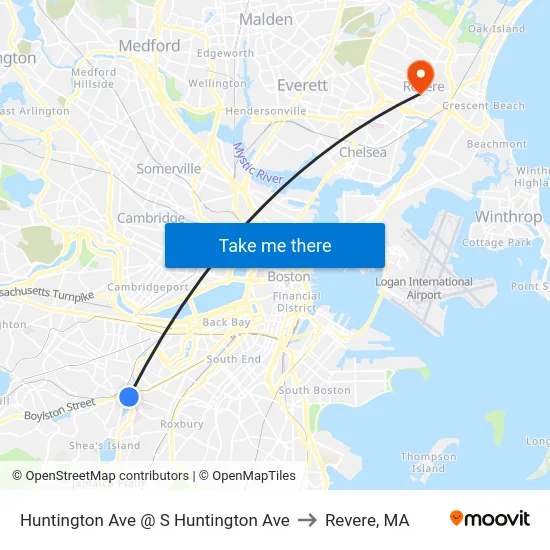 Huntington Ave @ S Huntington Ave to Revere, MA map