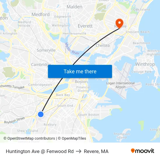 Huntington Ave @ Fenwood Rd to Revere, MA map