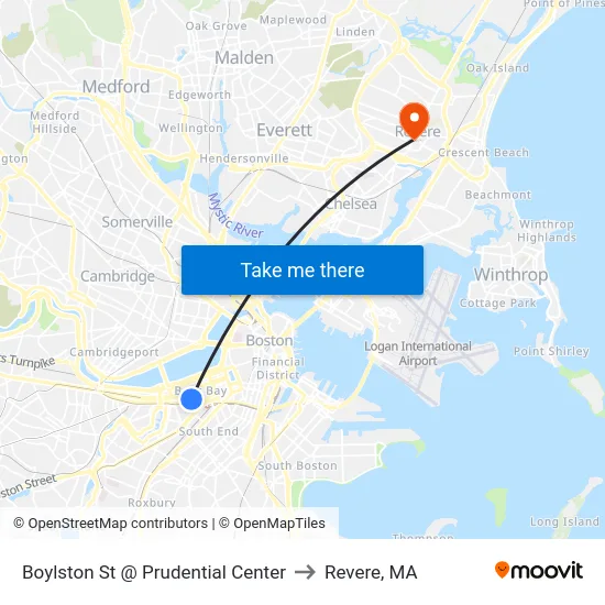 Boylston St @ Prudential Center to Revere, MA map