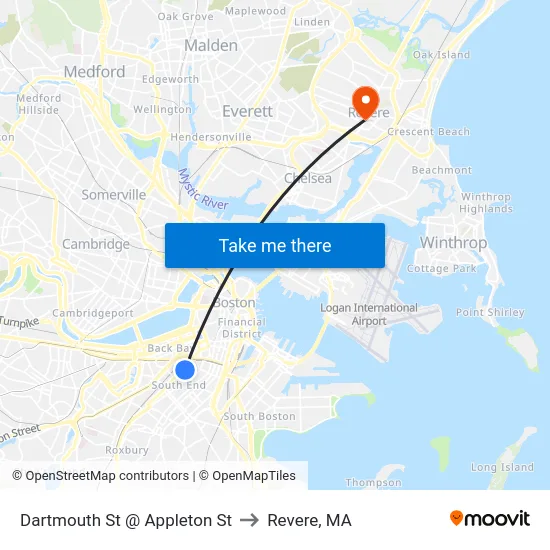 Dartmouth St @ Appleton St to Revere, MA map
