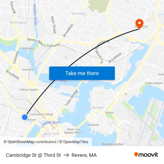 Cambridge St @ Third St to Revere, MA map