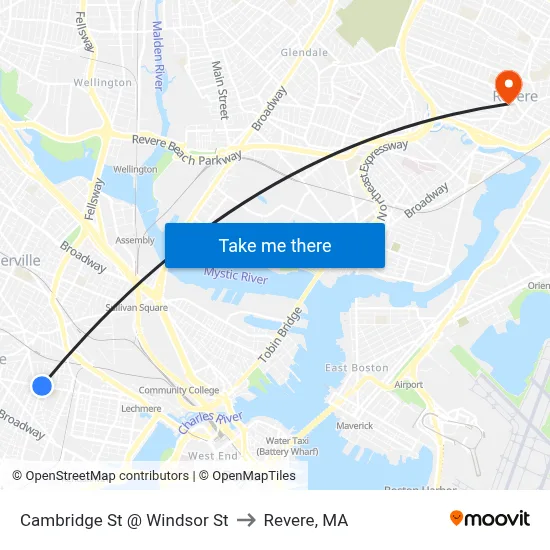 Cambridge St @ Windsor St to Revere, MA map