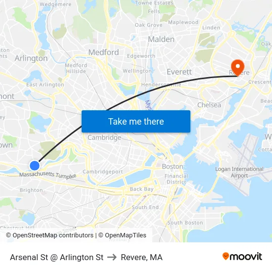 Arsenal St @ Arlington St to Revere, MA map