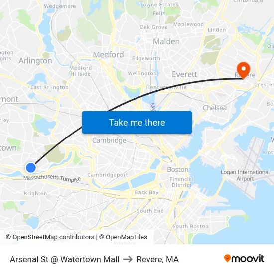 Arsenal St @ Watertown Mall to Revere, MA map
