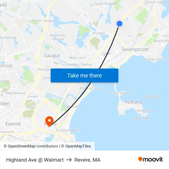 Highland Ave @ Walmart to Revere, MA map