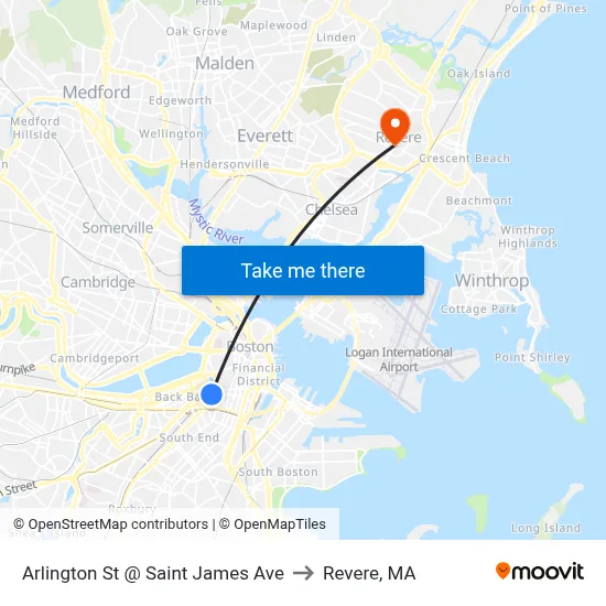 Arlington St @ Saint James Ave to Revere, MA map