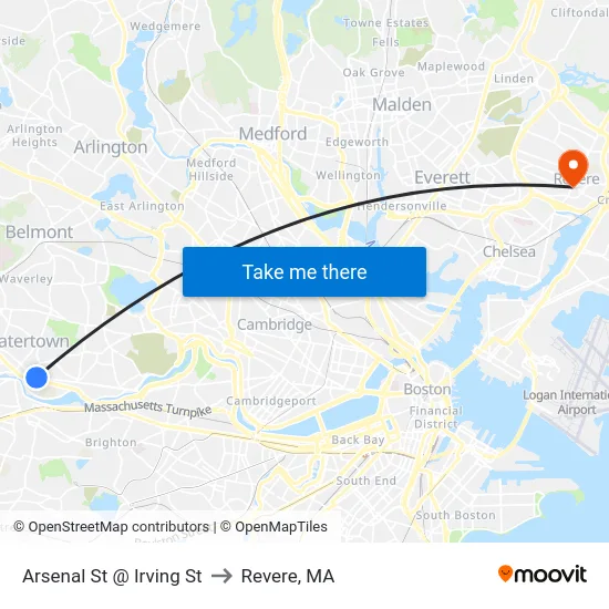 Arsenal St @ Irving St to Revere, MA map