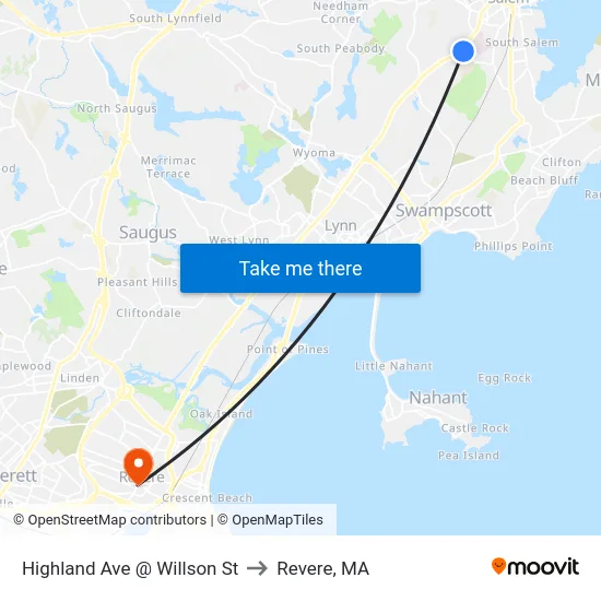 Highland Ave @ Willson St to Revere, MA map