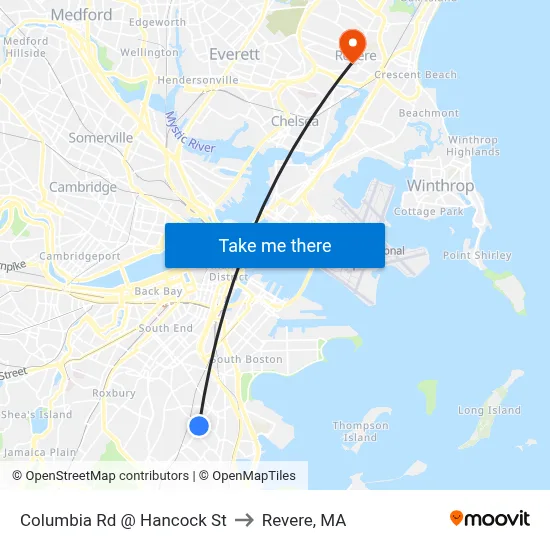 Columbia Rd @ Hancock St to Revere, MA map