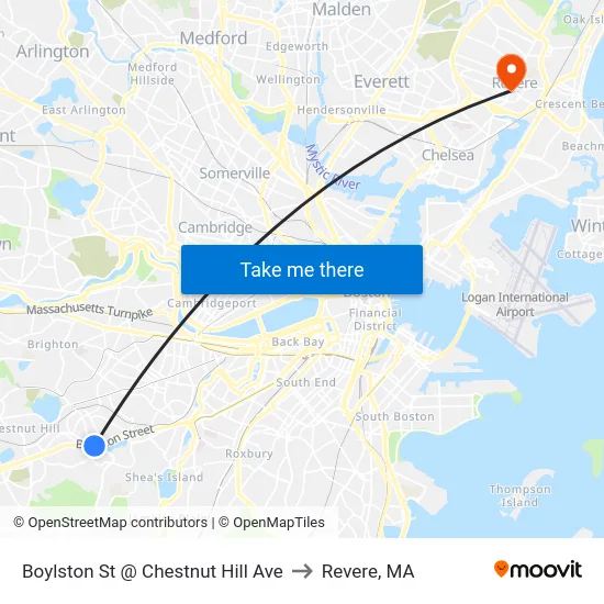Boylston St @ Chestnut Hill Ave to Revere, MA map