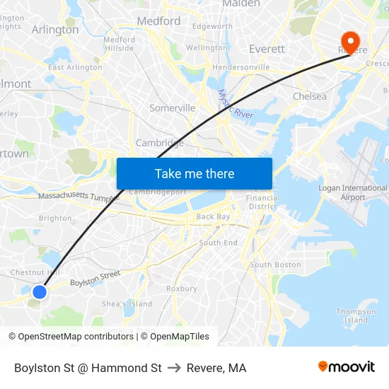 Boylston St @ Hammond St to Revere, MA map
