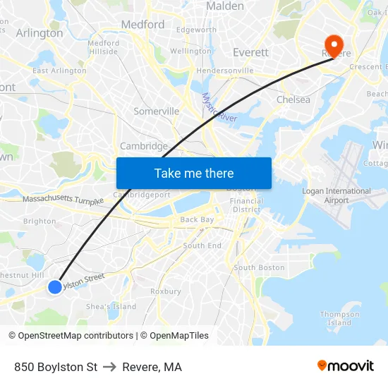 850 Boylston St to Revere, MA map
