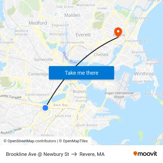 Brookline Ave @ Newbury St to Revere, MA map