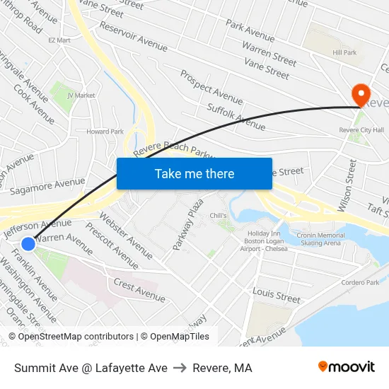 Summit Ave @ Lafayette Ave to Revere, MA map