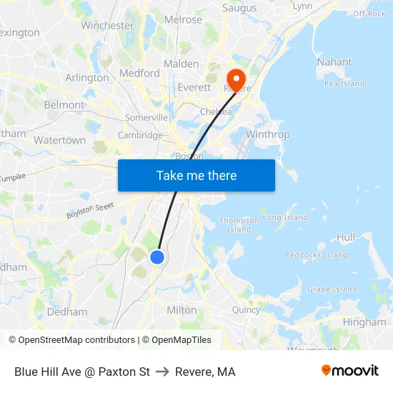 Blue Hill Ave @ Paxton St to Revere, MA map