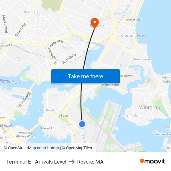 Terminal E - Arrivals Level to Revere, MA map