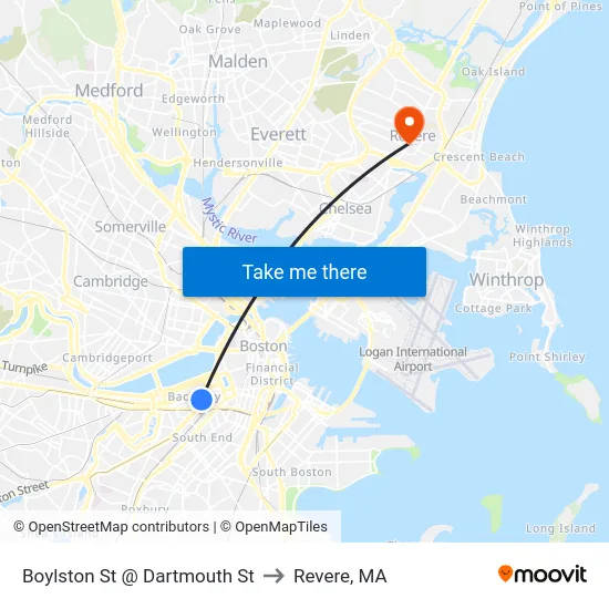 Boylston St @ Dartmouth St to Revere, MA map