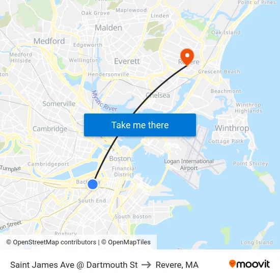 Saint James Ave @ Dartmouth St to Revere, MA map