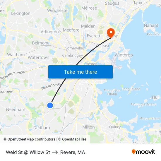 Weld St @ Willow St to Revere, MA map