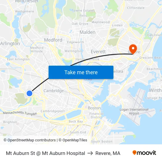 Mt Auburn St @ Mt Auburn Hospital to Revere, MA map