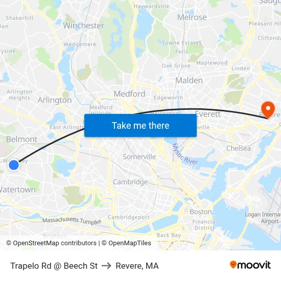 Trapelo Rd @ Beech St to Revere, MA map