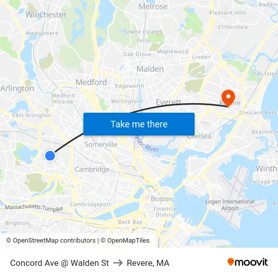 Concord Ave @ Walden St to Revere, MA map