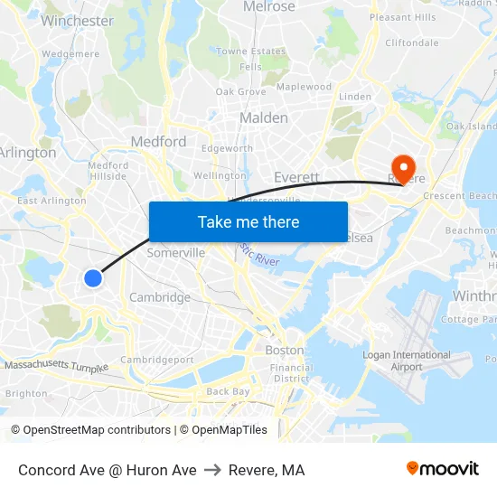 Concord Ave @ Huron Ave to Revere, MA map