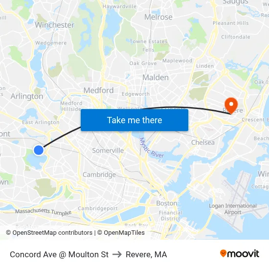 Concord Ave @ Moulton St to Revere, MA map
