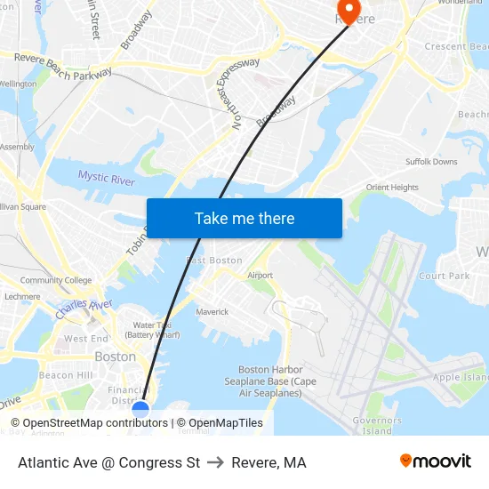 Atlantic Ave @ Congress St to Revere, MA map