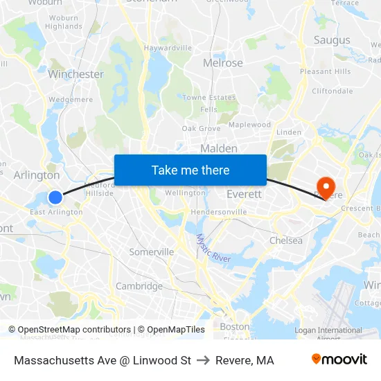 Massachusetts Ave @ Linwood St to Revere, MA map