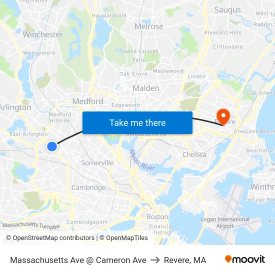 Massachusetts Ave @ Cameron Ave to Revere, MA map