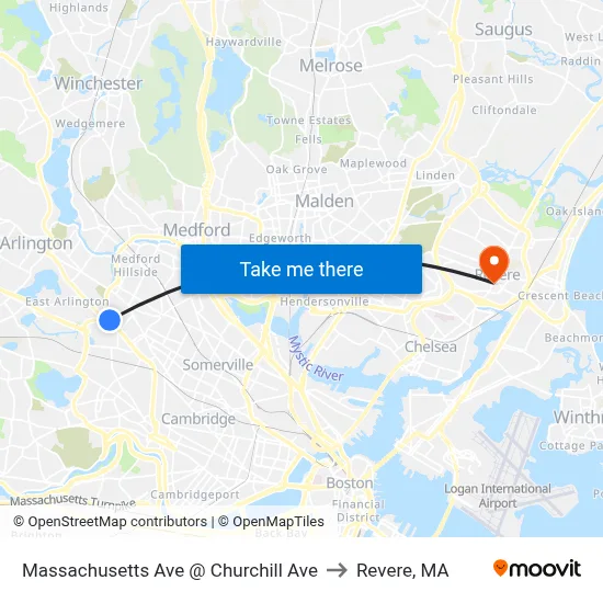 Massachusetts Ave @ Churchill Ave to Revere, MA map