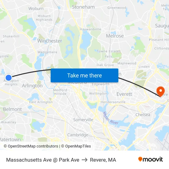 Massachusetts Ave @ Park Ave to Revere, MA map